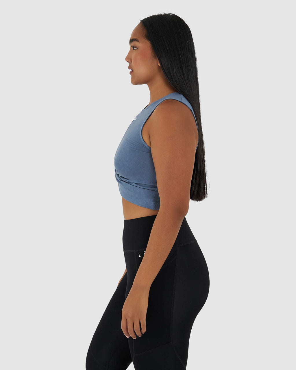 Model wearing Twist Tank - Lt Carbon
