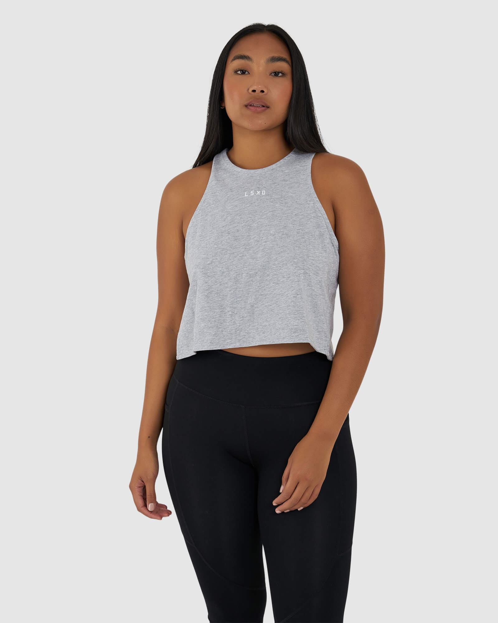 Model wearing Icon Crossover Tank - Lt Grey Marl