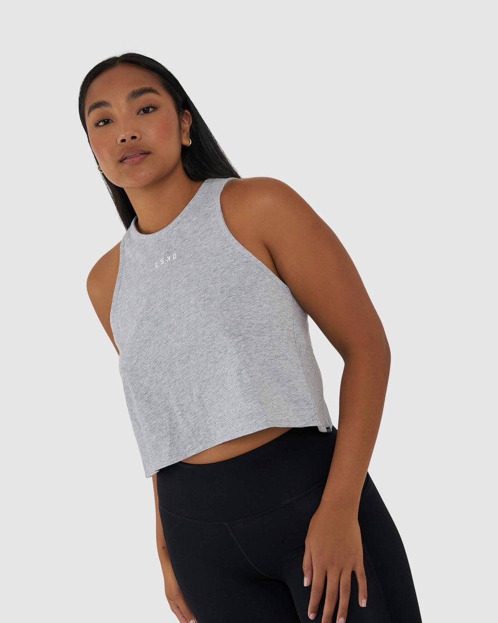 Model wearing Icon Crossover Tank - Lt Grey Marl