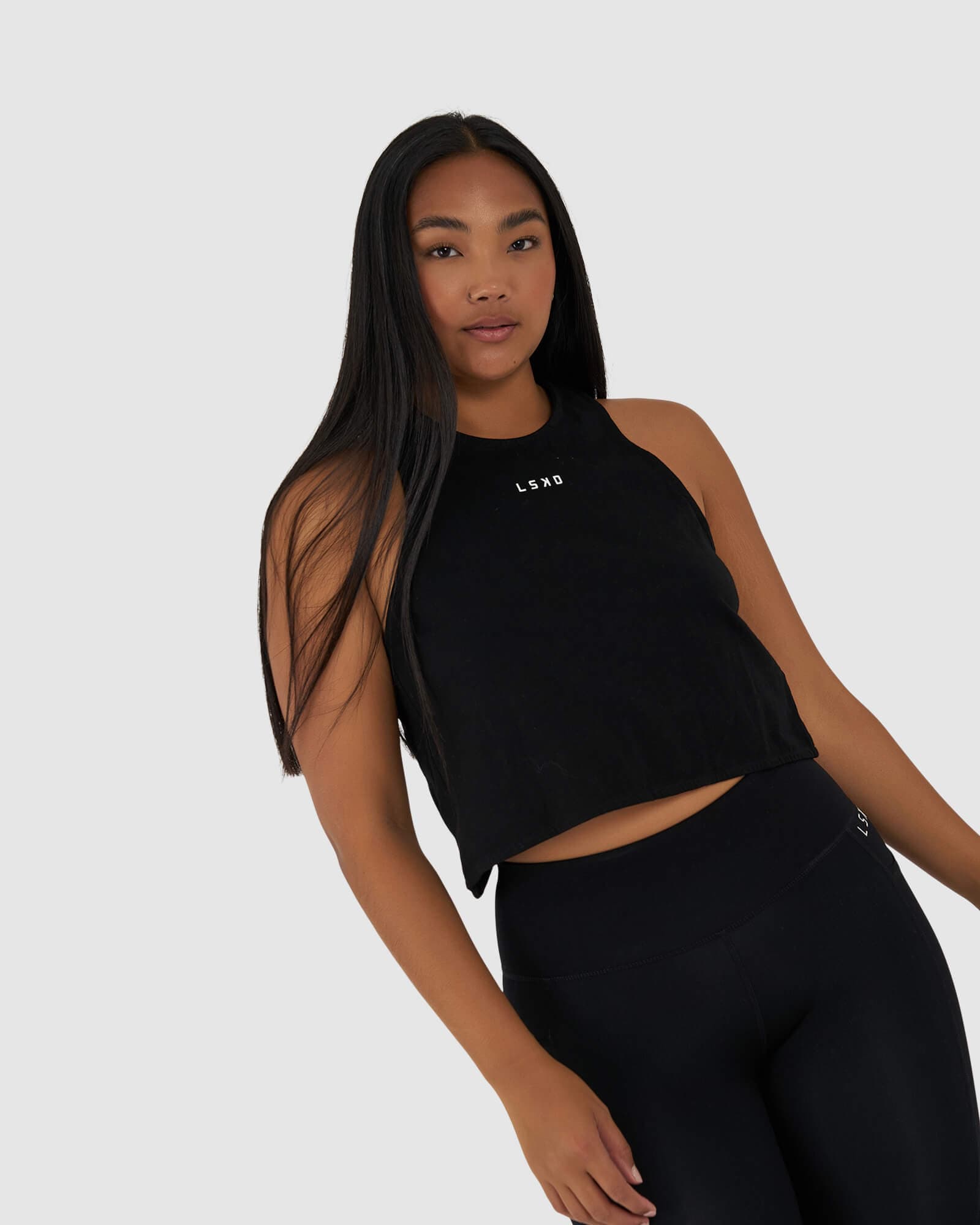 Model wearing Icon Crossover Tank - Black