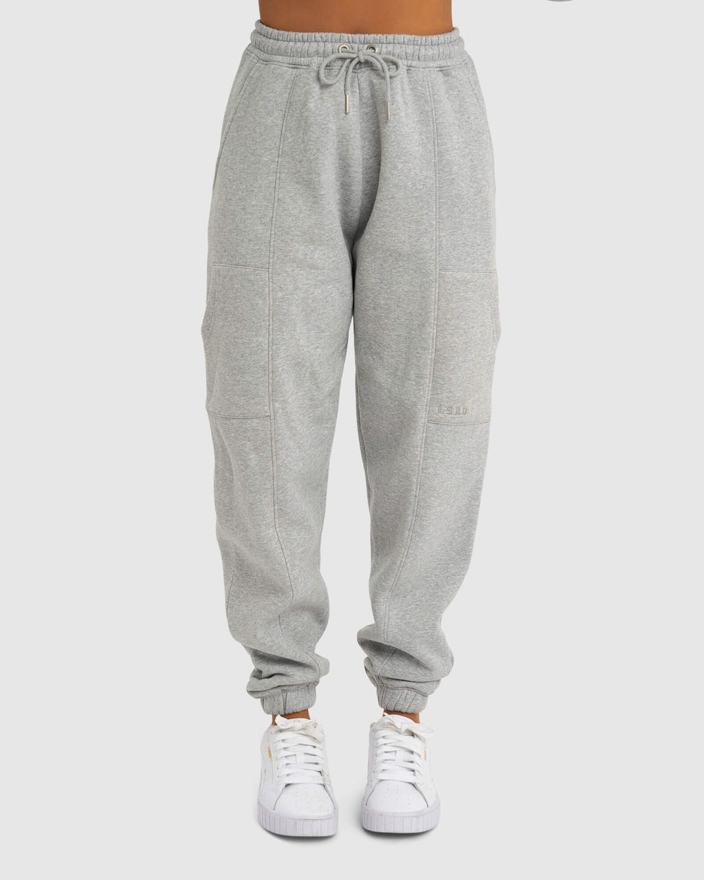 Model wearing Harley Track Pant - Lt Grey Marl