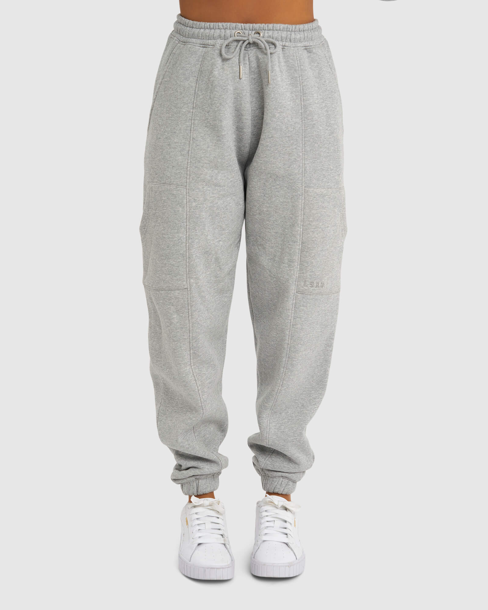 Model wearing Harley Track Pant - Lt Grey Marl