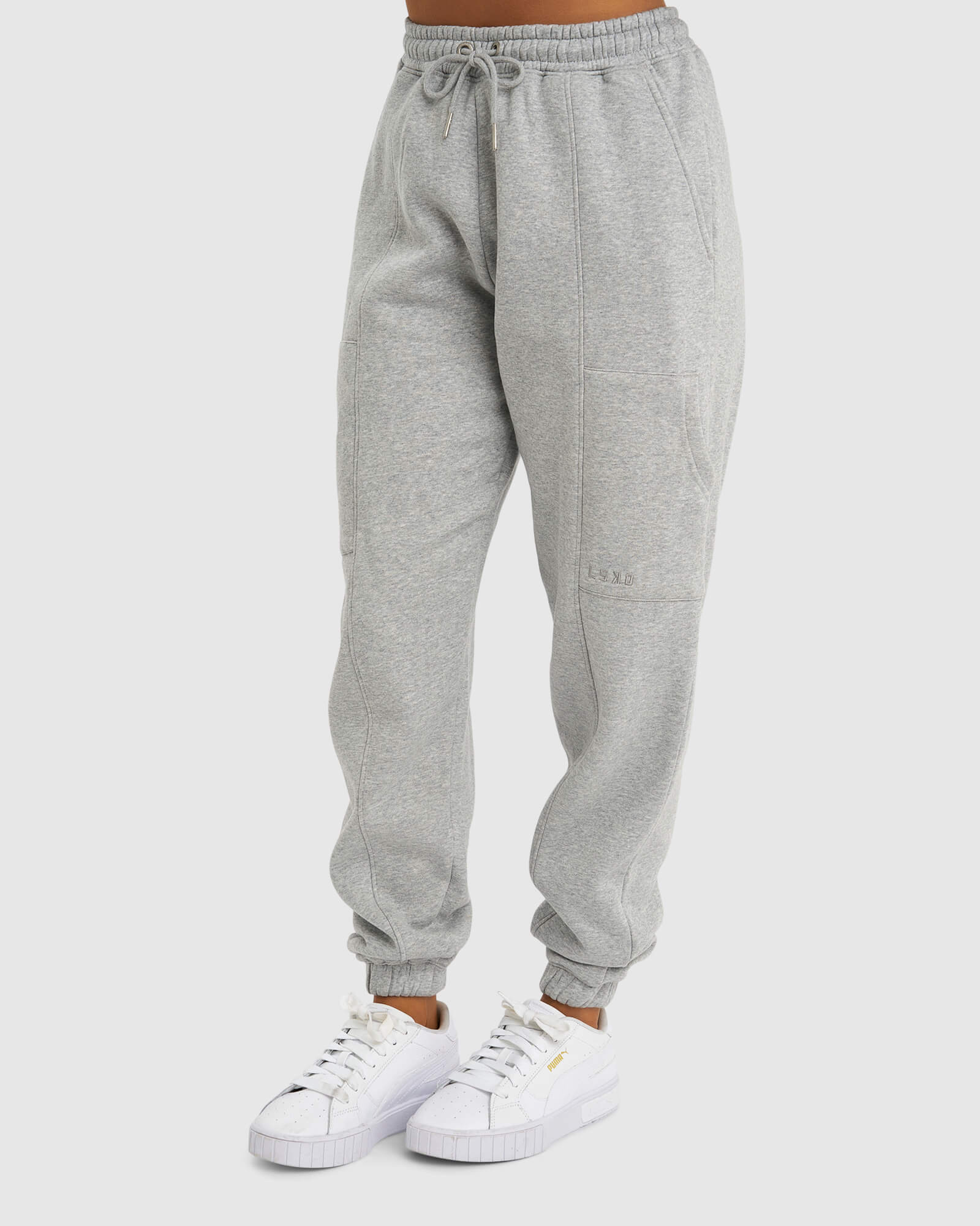 Model wearing Harley Track Pant - Lt Grey Marl