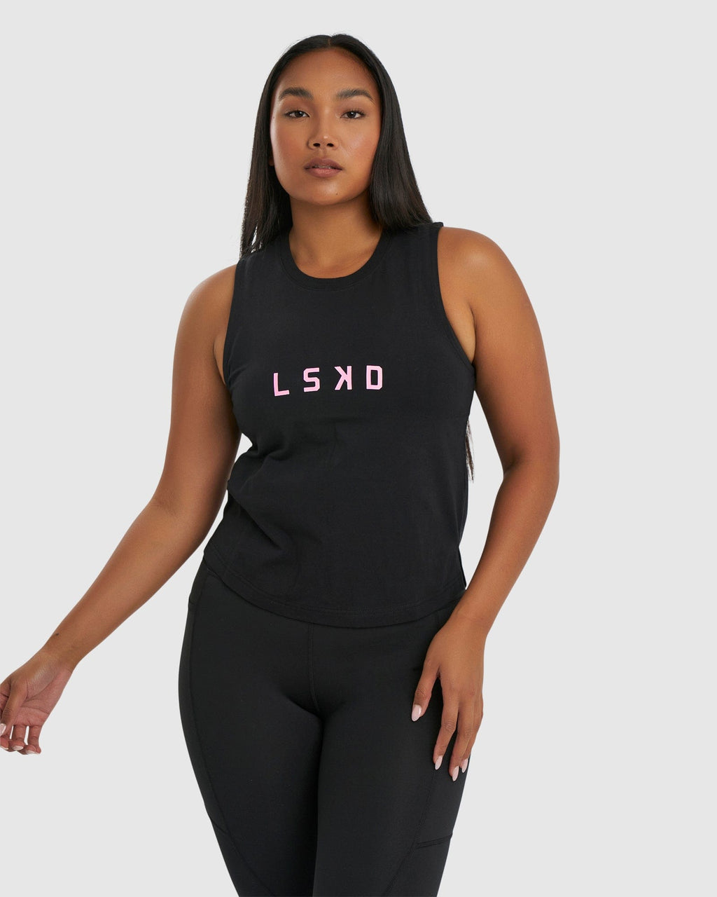 Model wearing Rep Tank - Black-Petal Pink