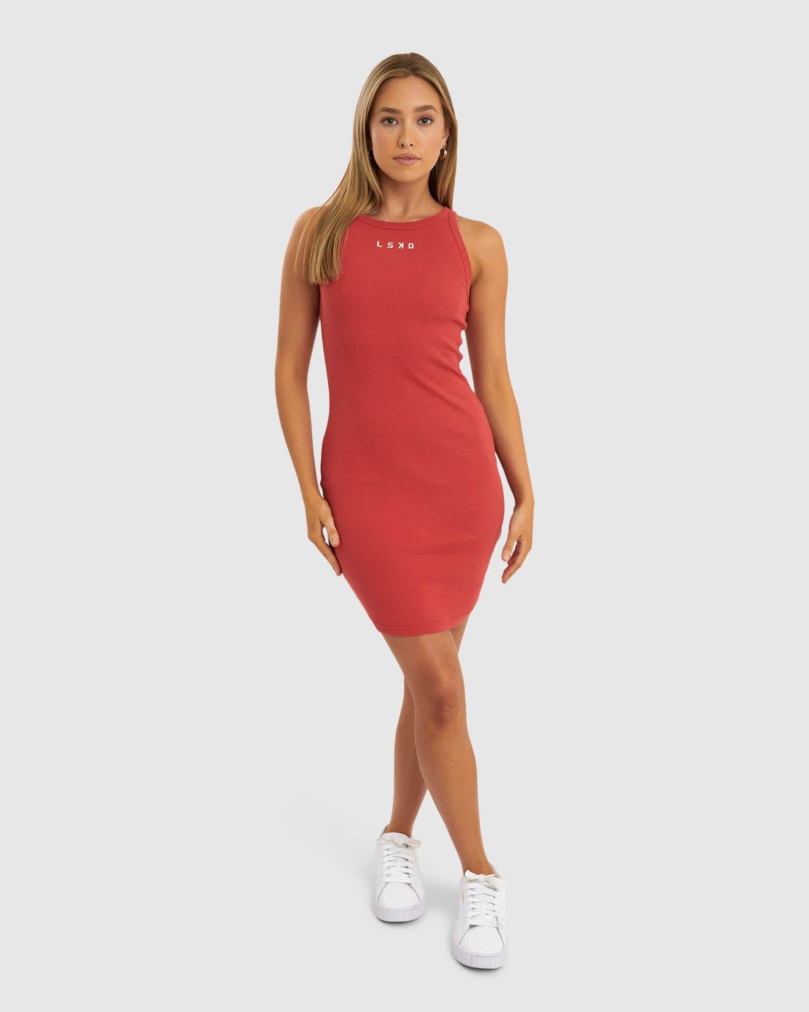 Model wearing Field Ribbed Tank Dress - Hot Tamale