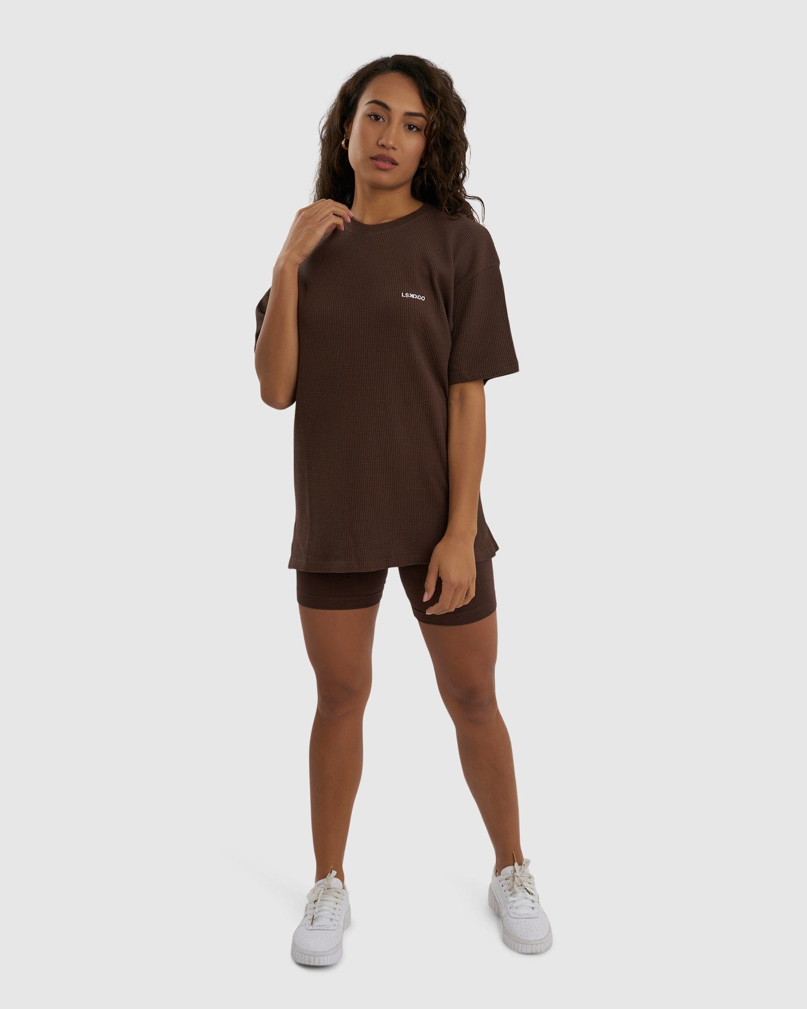 Model wearing Unisex Verse Waffle Tee - Walnut
