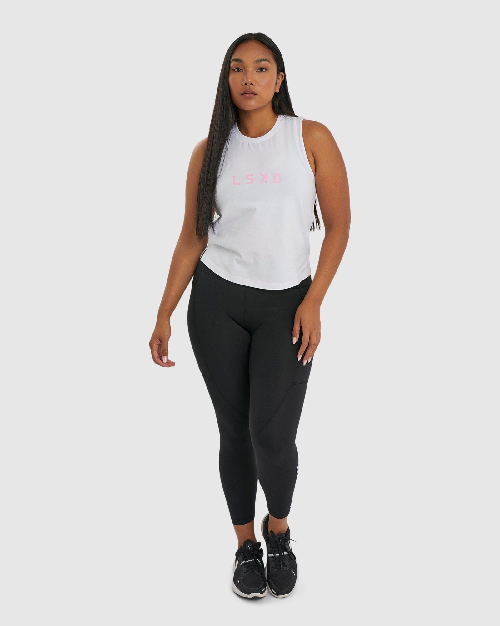 Model wearing Rep Tank - White-Petal Pink
