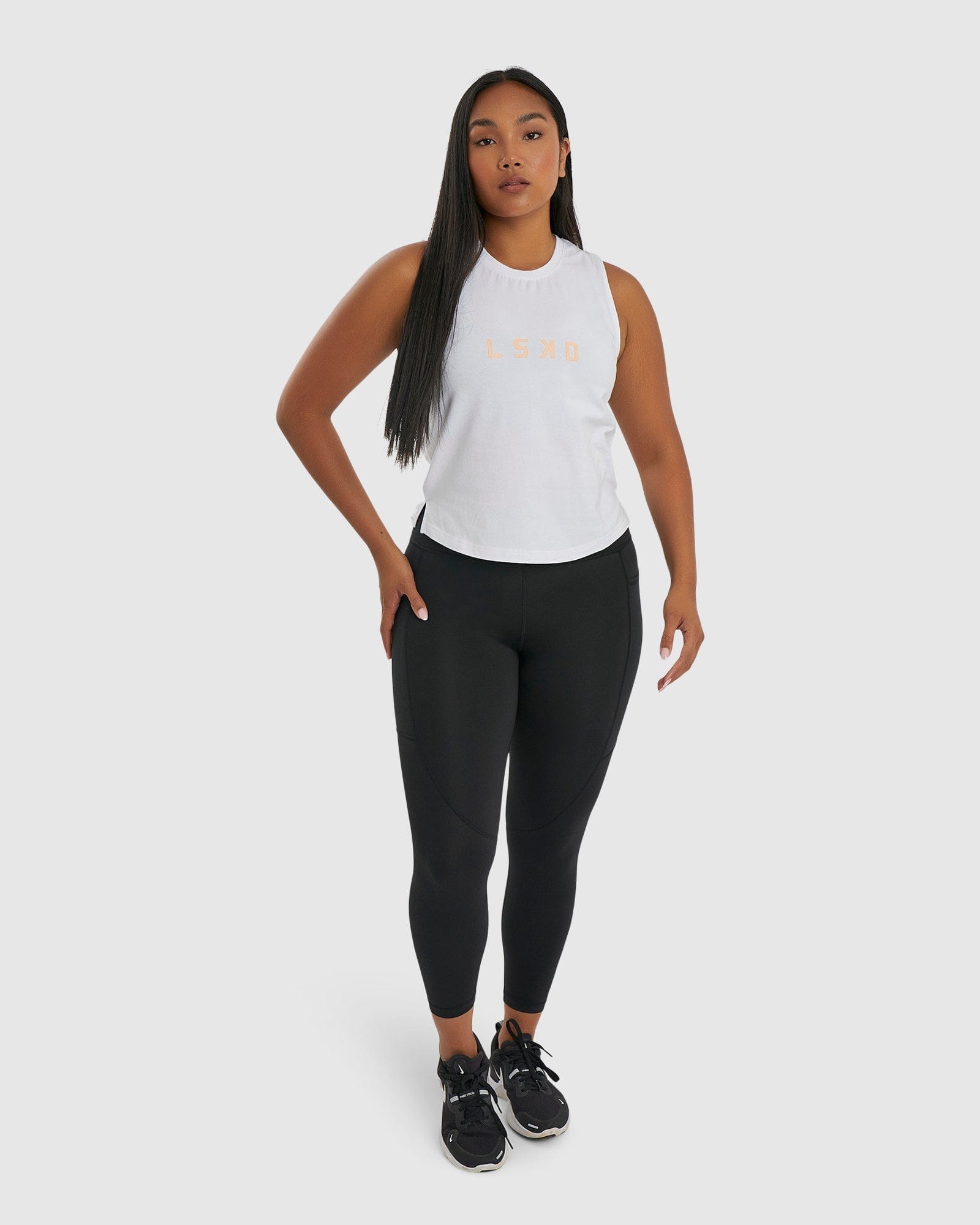 Model wearing Rep Tank - White-Sherbet