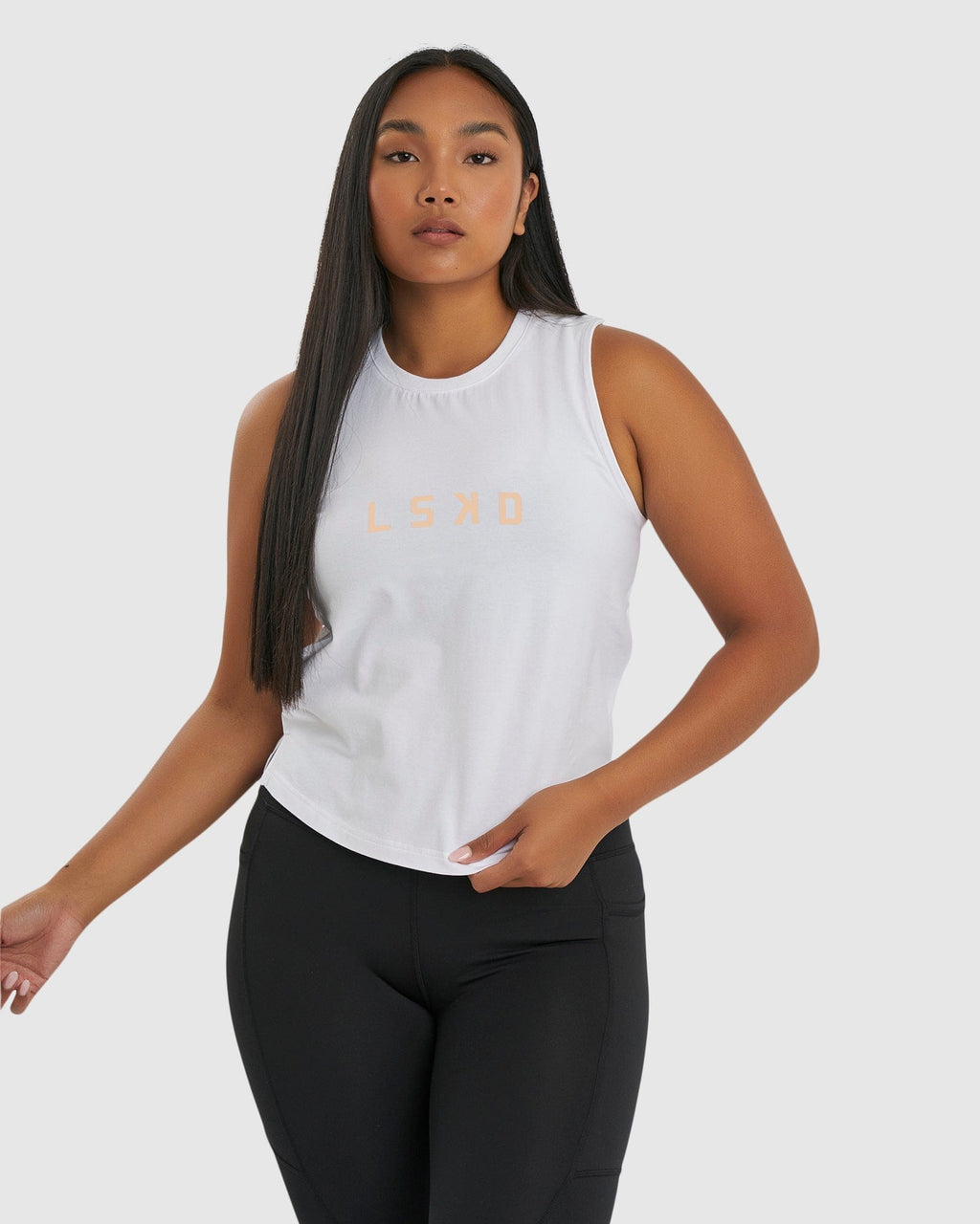 Model wearing Rep Tank - White-Sherbet