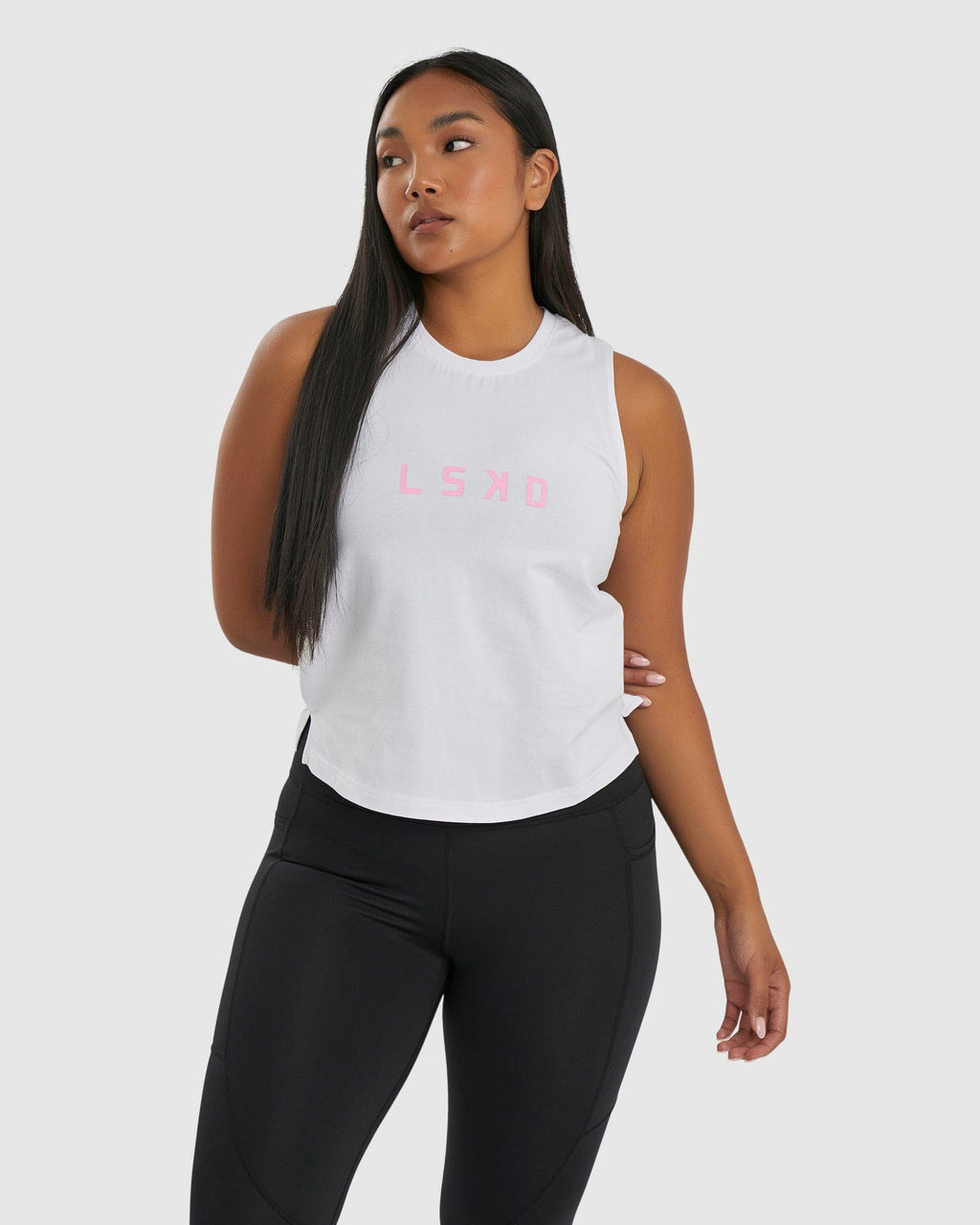 Model wearing Rep Tank - White-Petal Pink