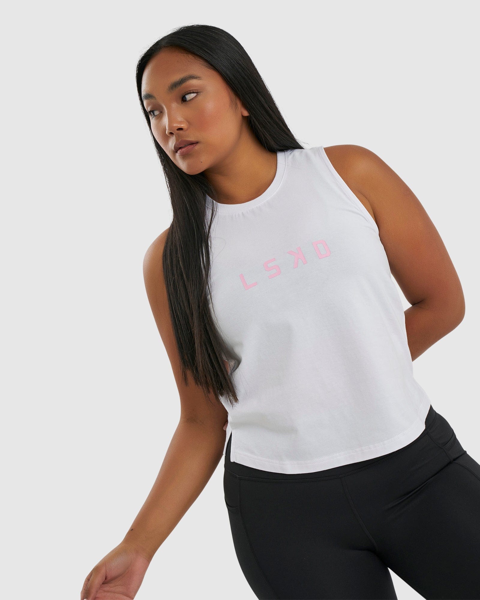 Model wearing Rep Tank - White-Petal Pink