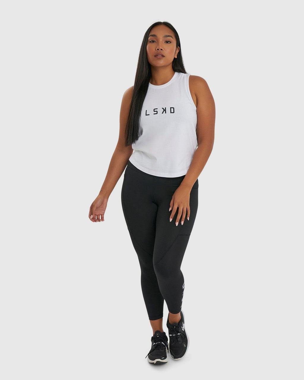 Model wearing Rep Tank - White-Black