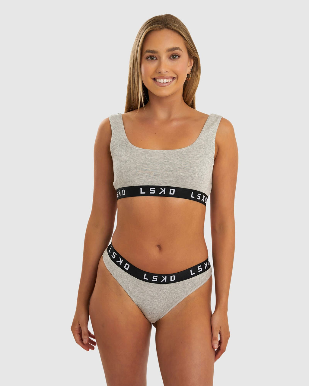 Model wearing Gigi Lounge Bra - Lt Grey Marl