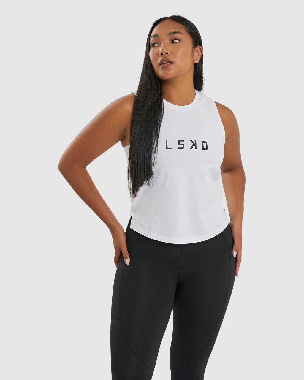 Model wearing Rep Tank - White-Black