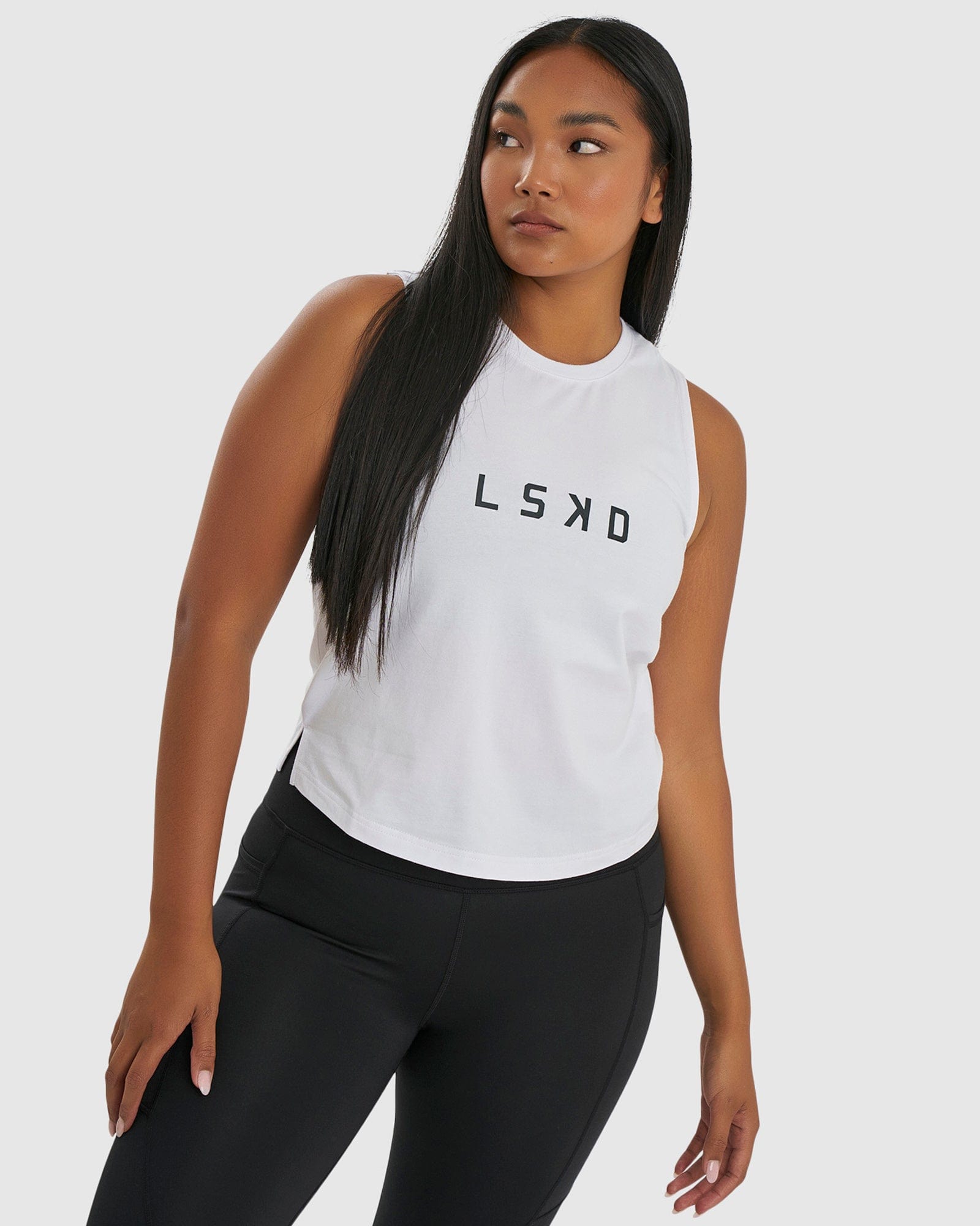 Model wearing Rep Tank - White-Black