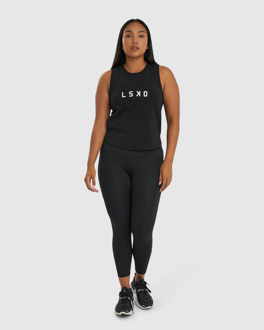 Model wearing Rep Tank - Black-White