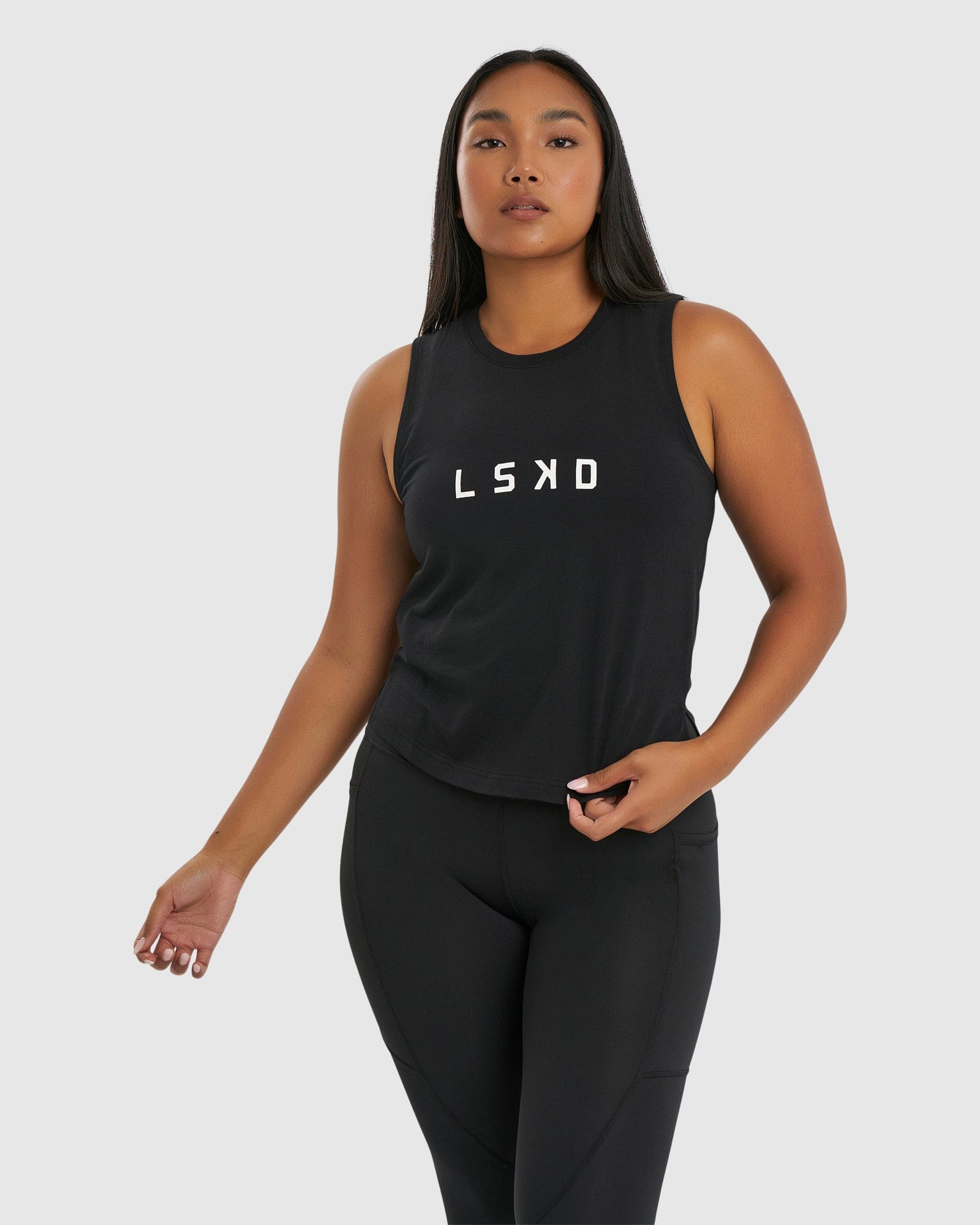 Model wearing Rep Tank - Black-White