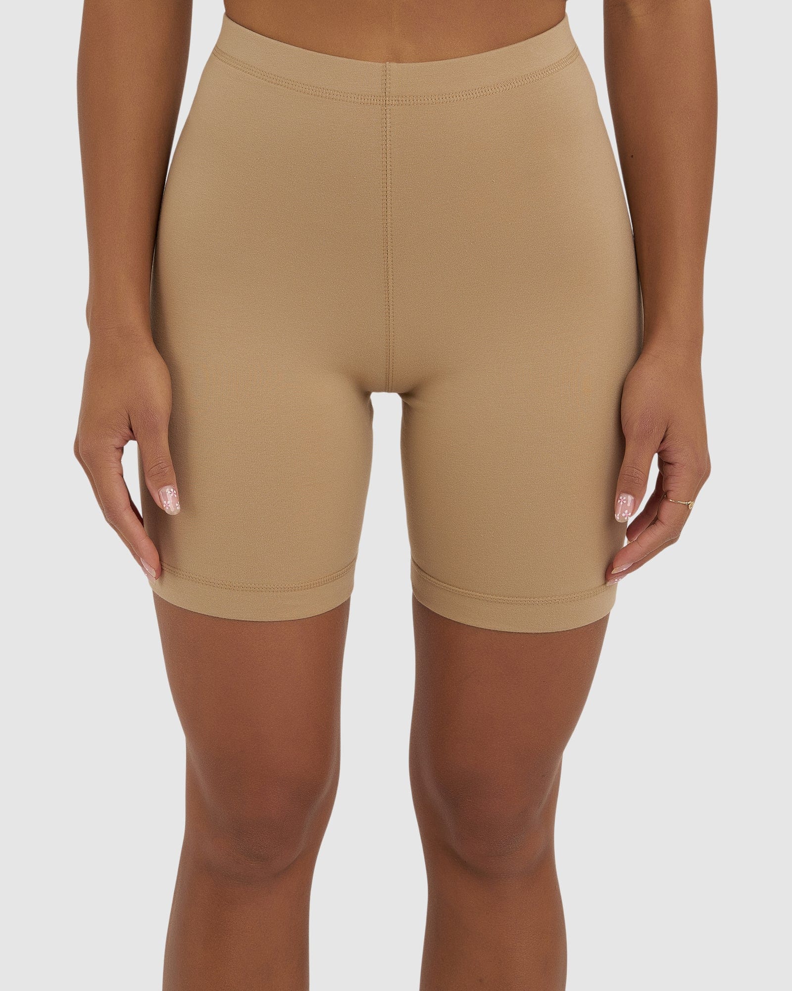 Model wearing Demi Bike Short - Almond
