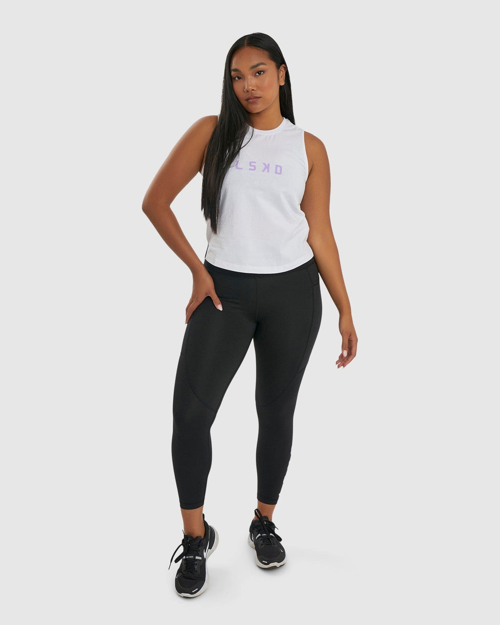 Model wearing Rep Tank - White-Pastel Lilac