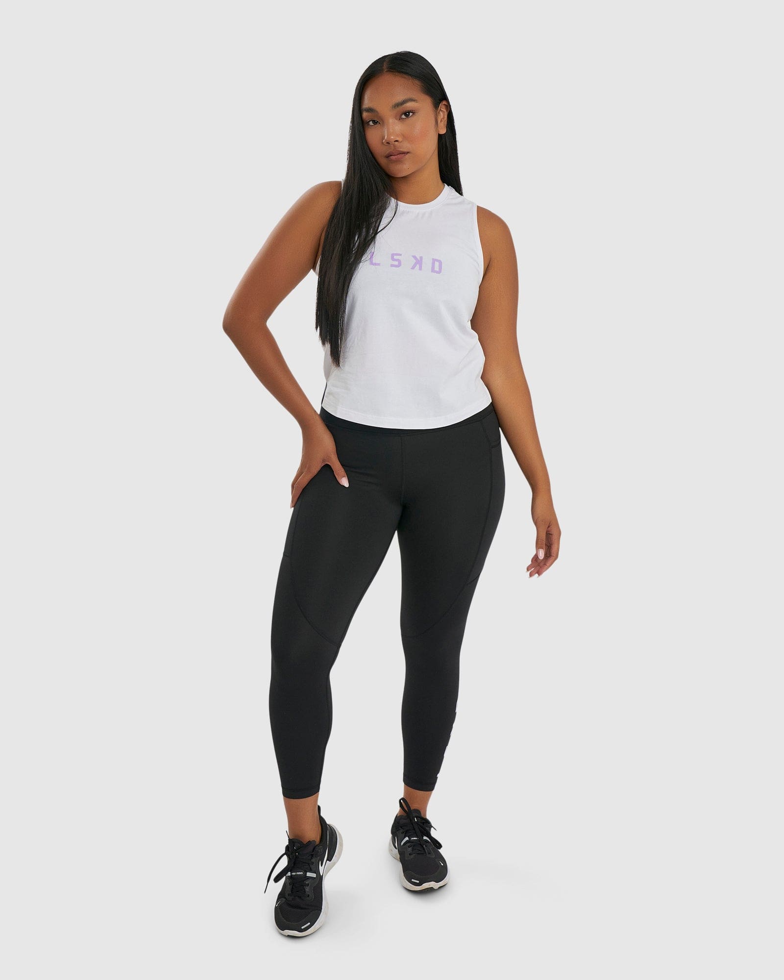 Model wearing Rep Tank - White-Pastel Lilac