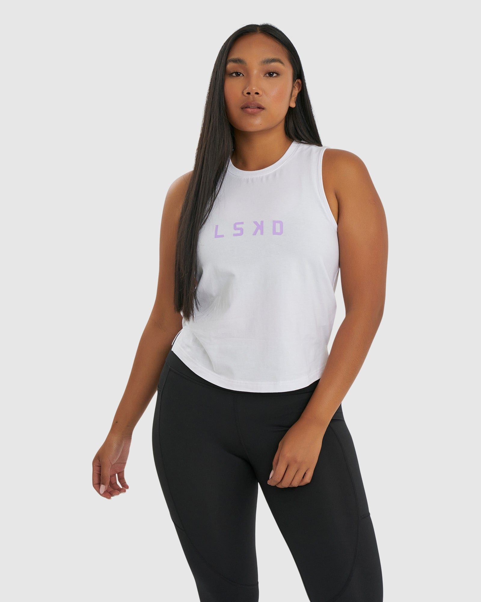 Model wearing Rep Tank - White-Pastel Lilac