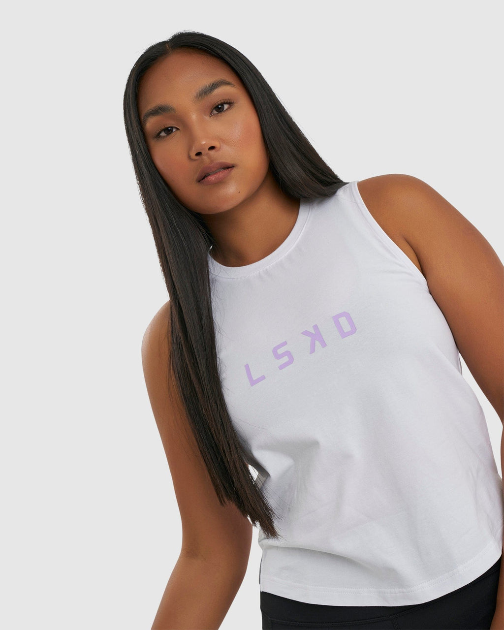 Model wearing Rep Tank - White-Pastel Lilac