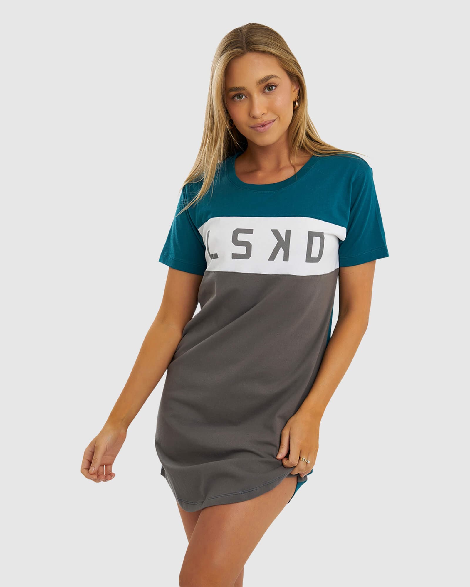 Model wearing Dough Tee Dress - Blue Coral-Shade-White