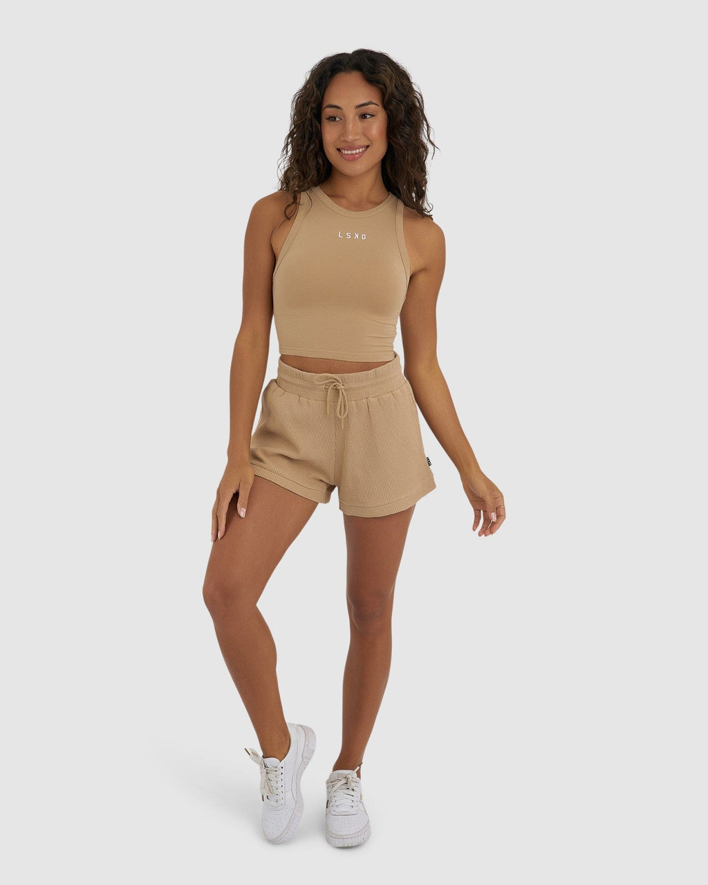 Model wearing Recovery Waffle Short - Almond