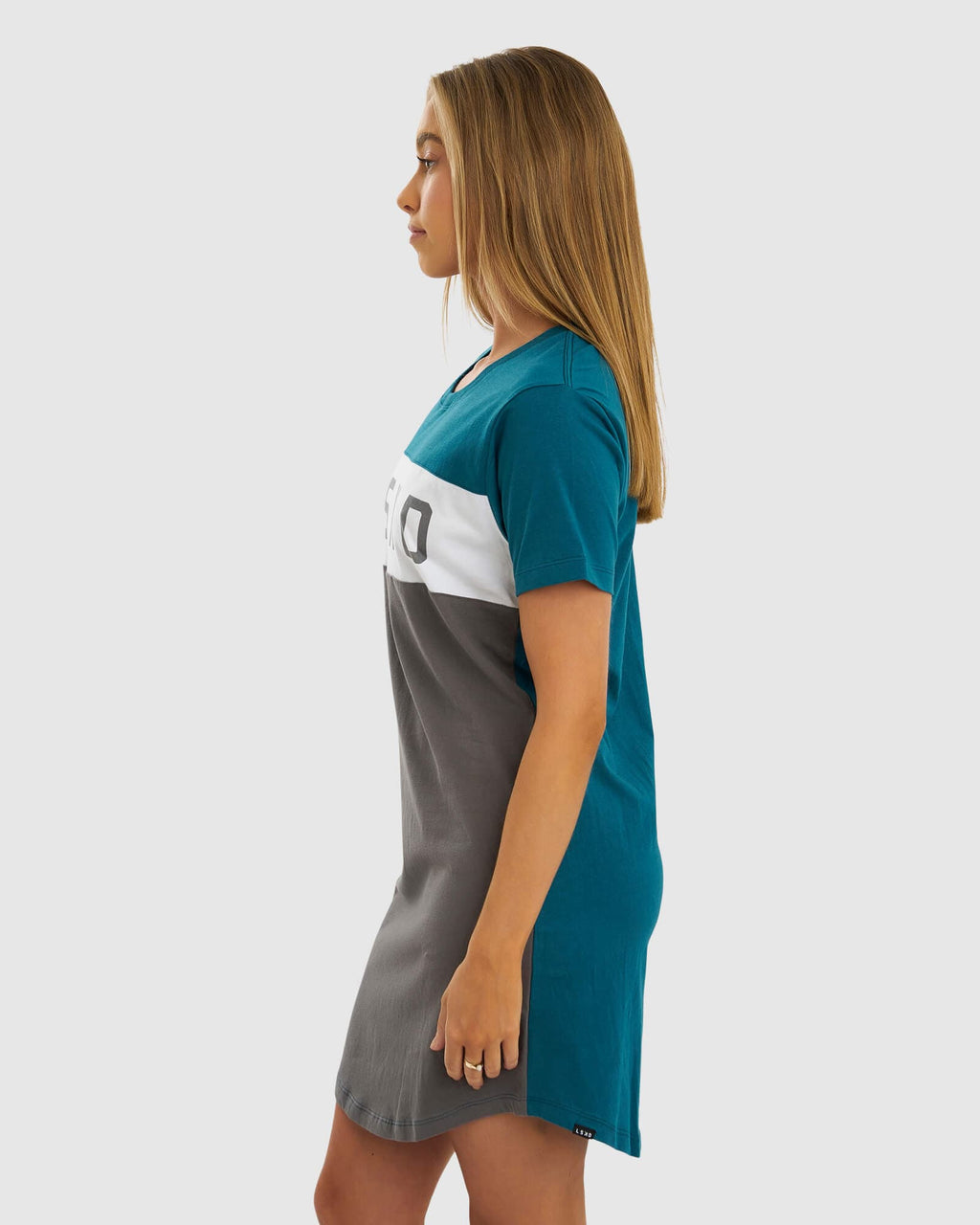 Model wearing Dough Tee Dress - Blue Coral-Shade-White