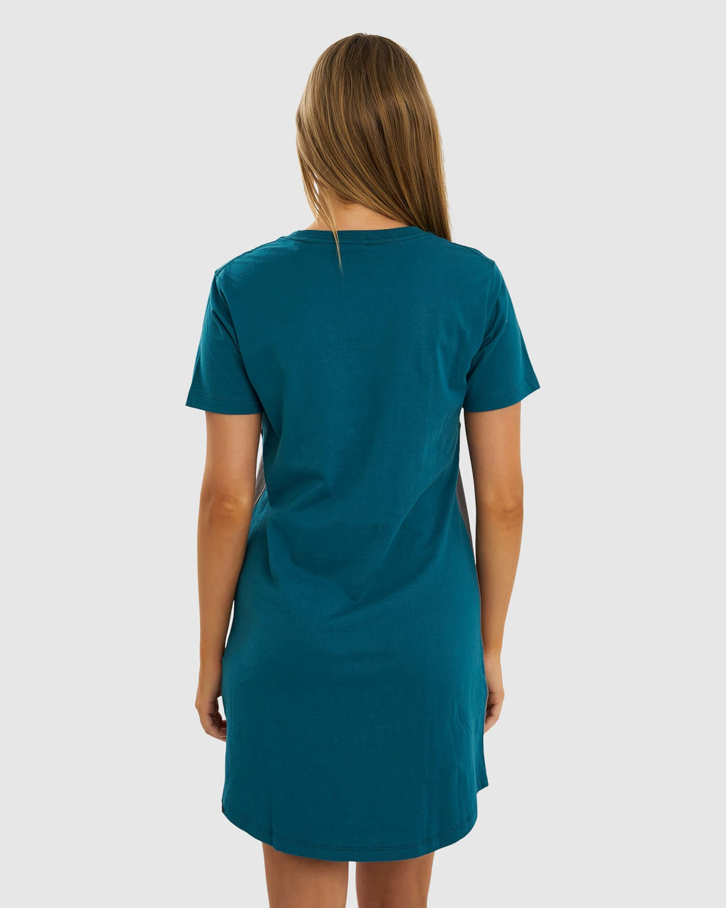 Model wearing Dough Tee Dress - Blue Coral-Shade-White