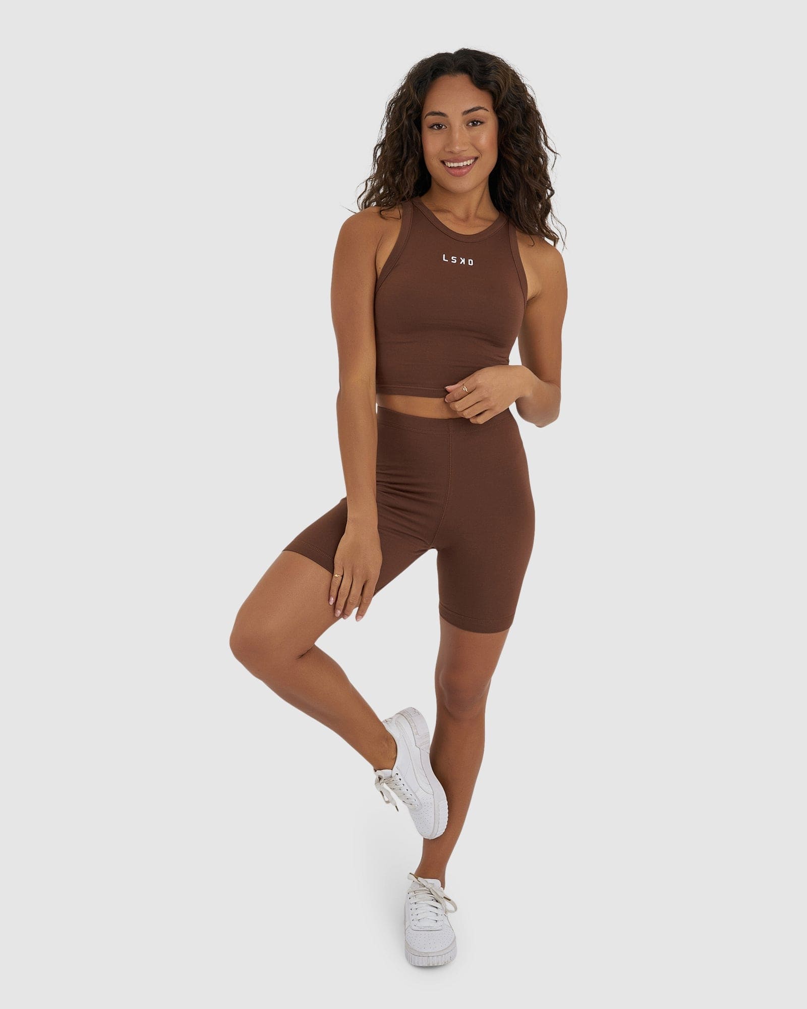 Model wearing Demi Bike Short - Hazelnut