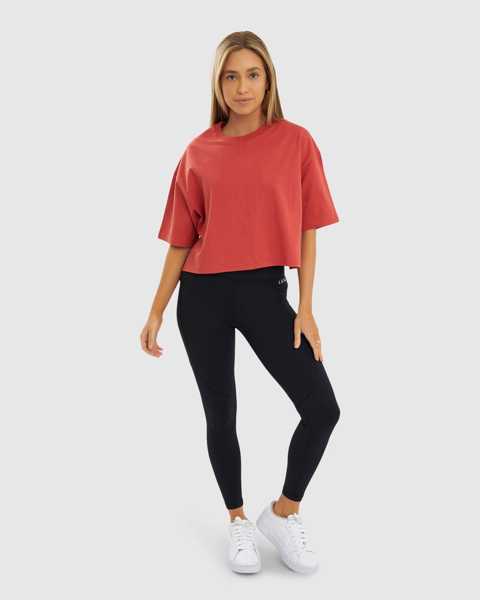 Model wearing Bella Tee - Hot Tamale