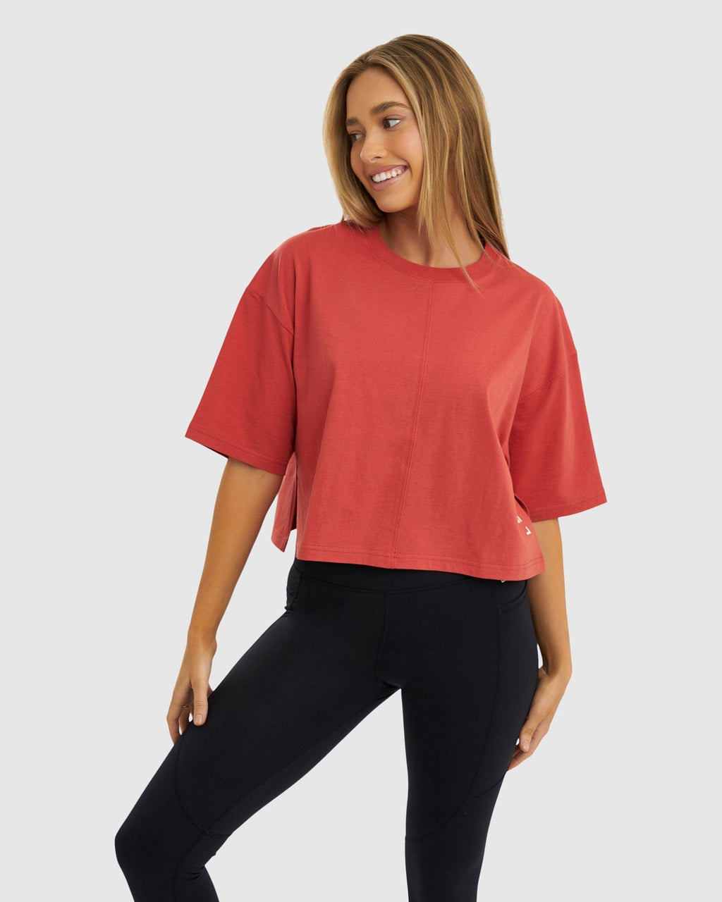 Model wearing Bella Tee - Hot Tamale