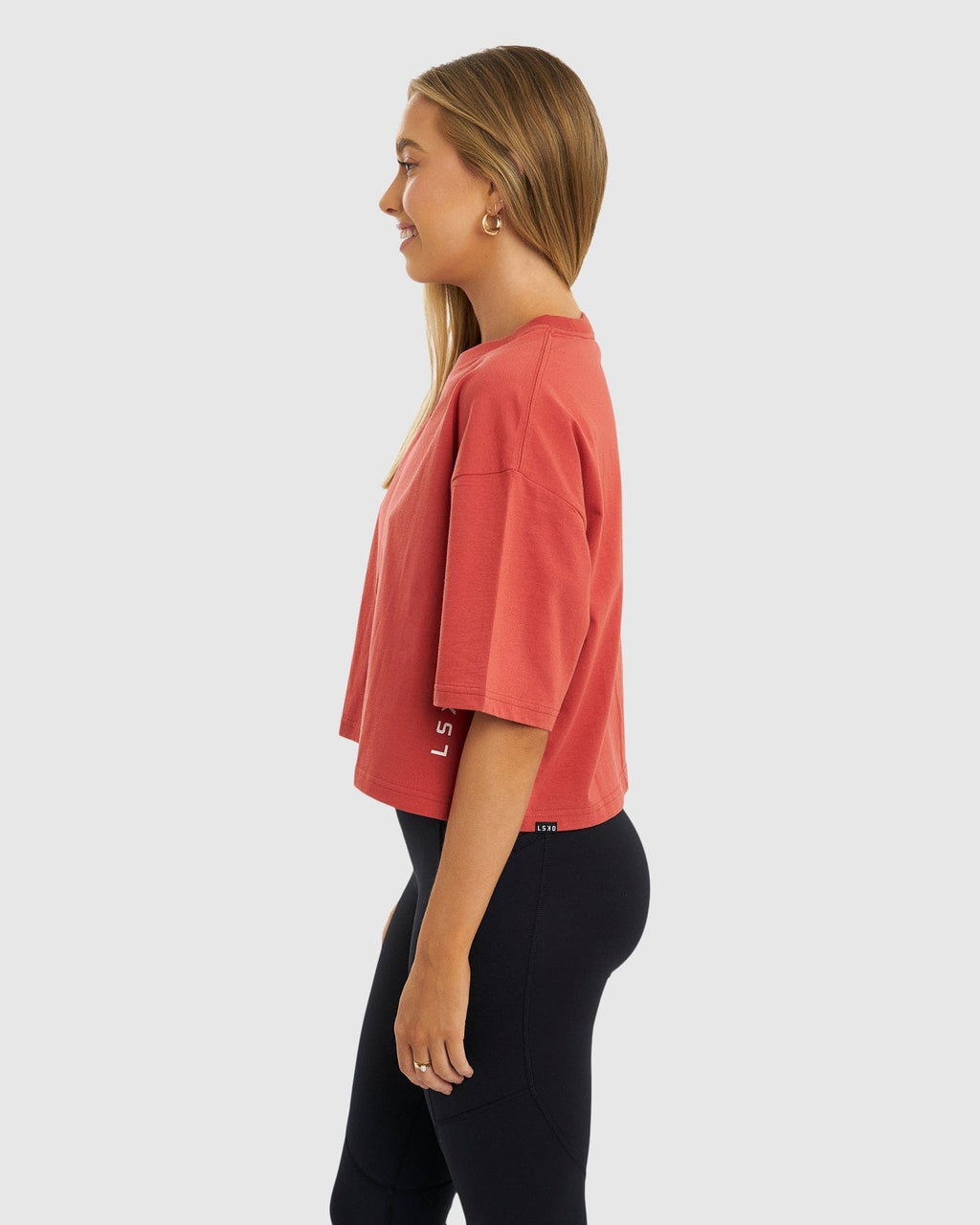 Model wearing Bella Tee - Hot Tamale