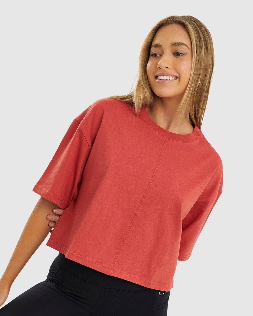 Model wearing Bella Tee - Hot Tamale