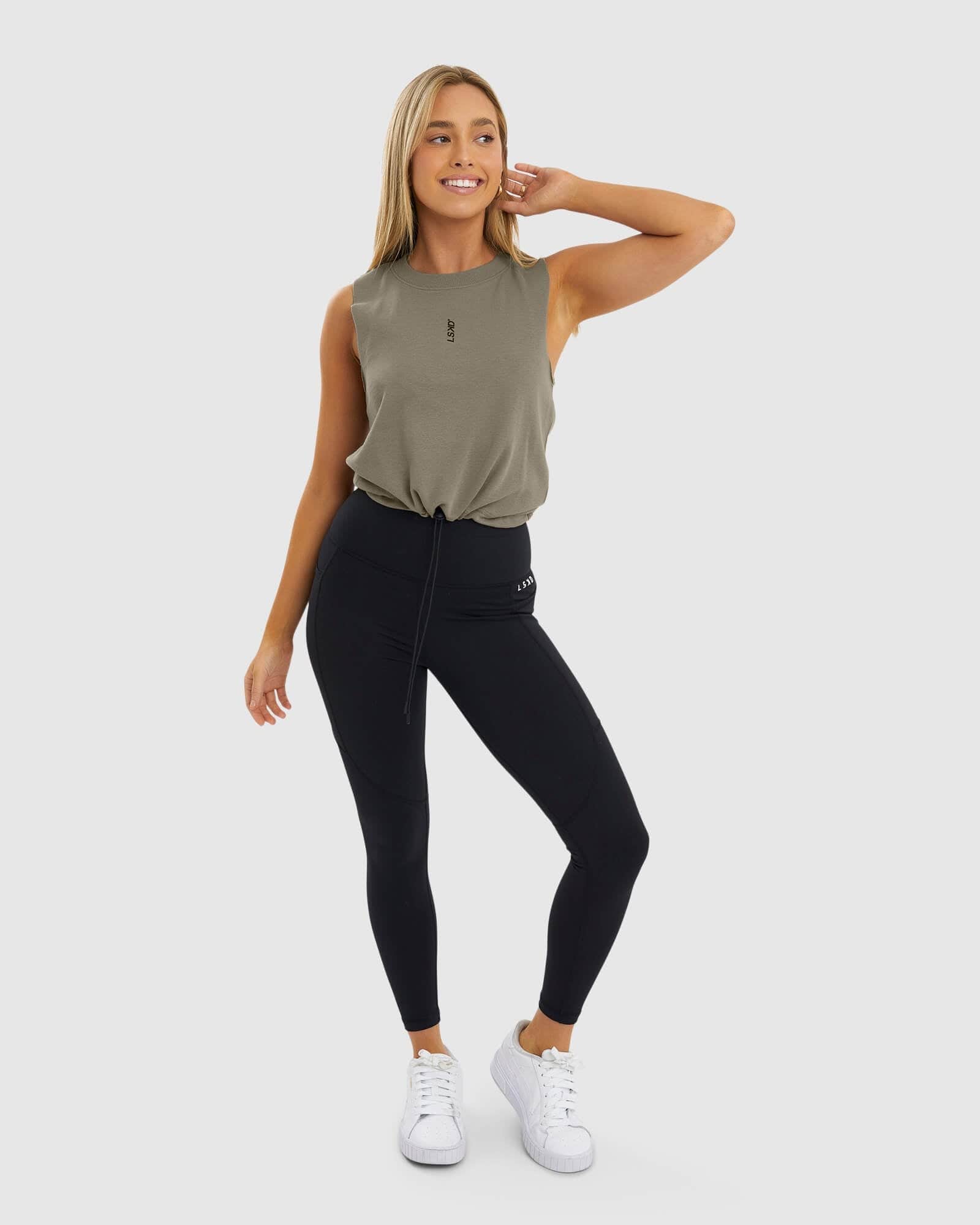 Model wearing Blair Pull Tank - Laurel Oak