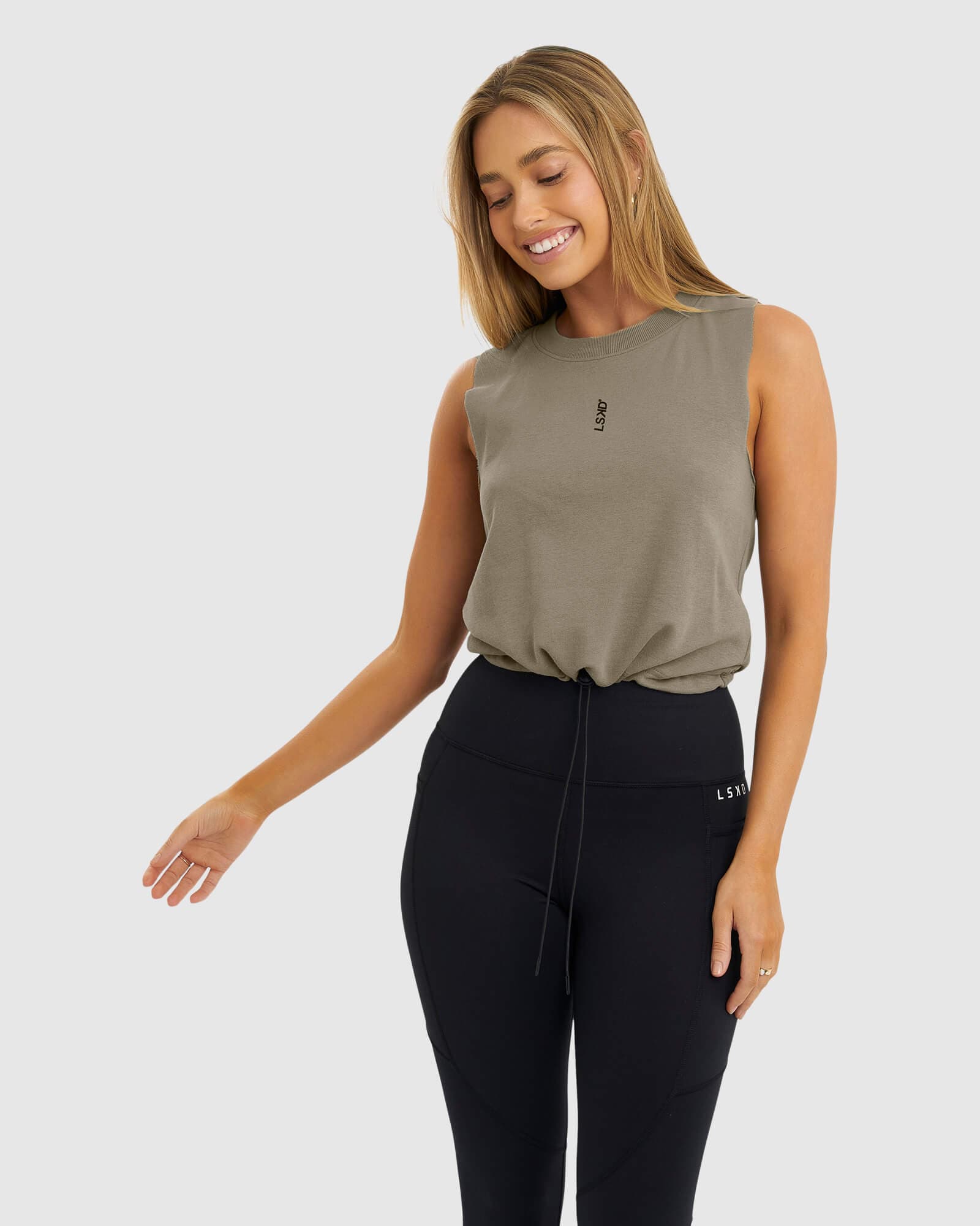 Model wearing Blair Pull Tank - Laurel Oak