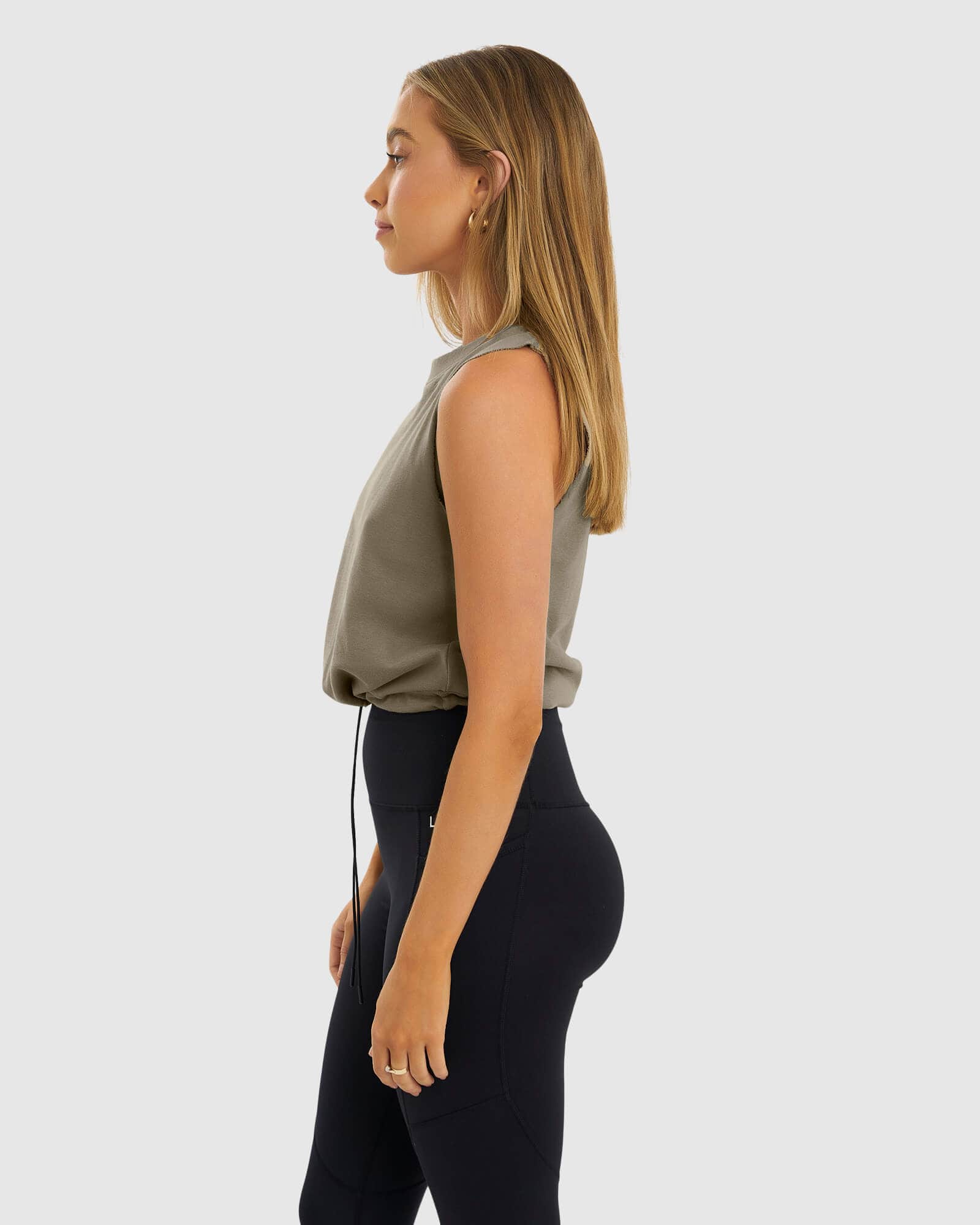 Model wearing Blair Pull Tank - Laurel Oak