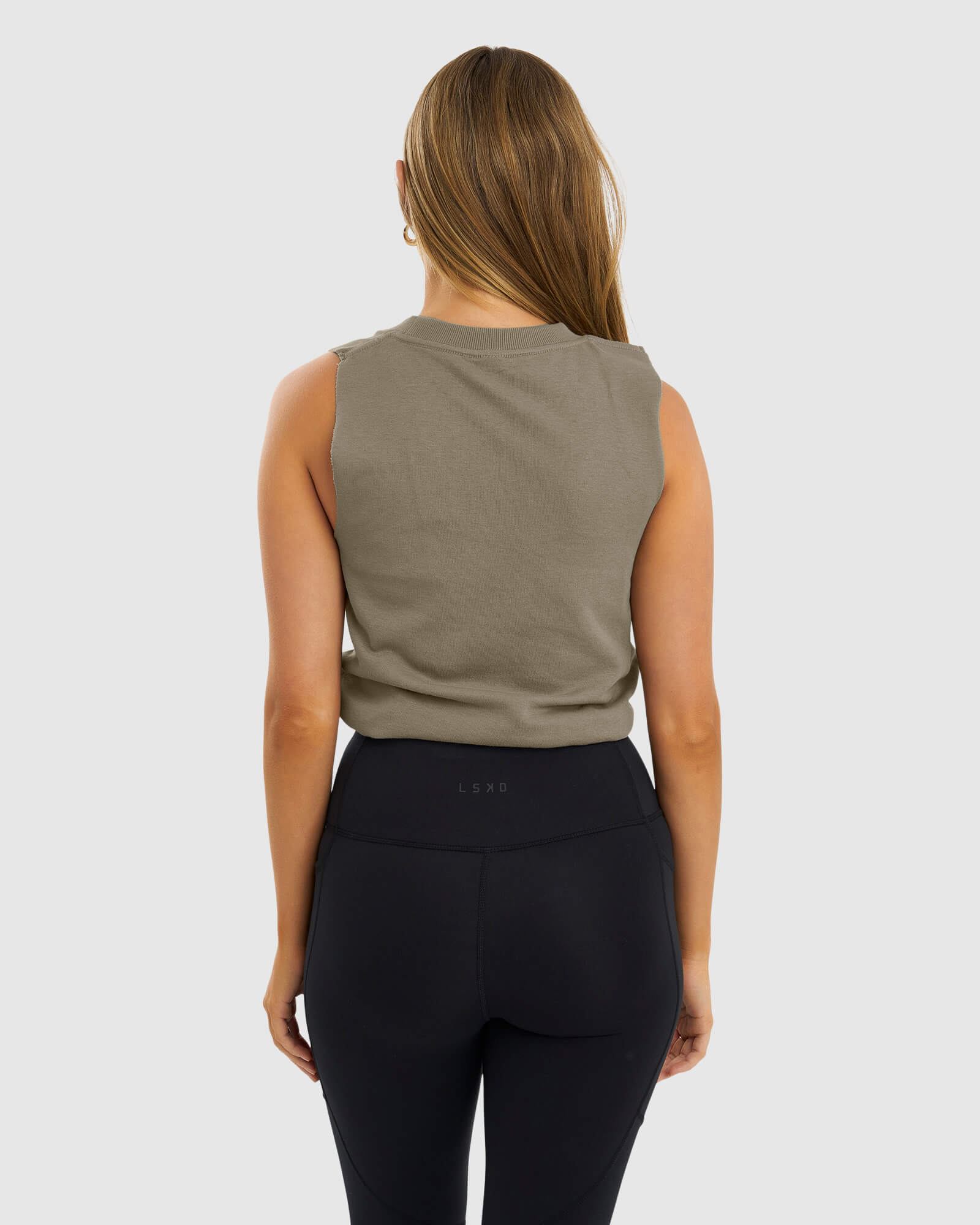 Model wearing Blair Pull Tank - Laurel Oak