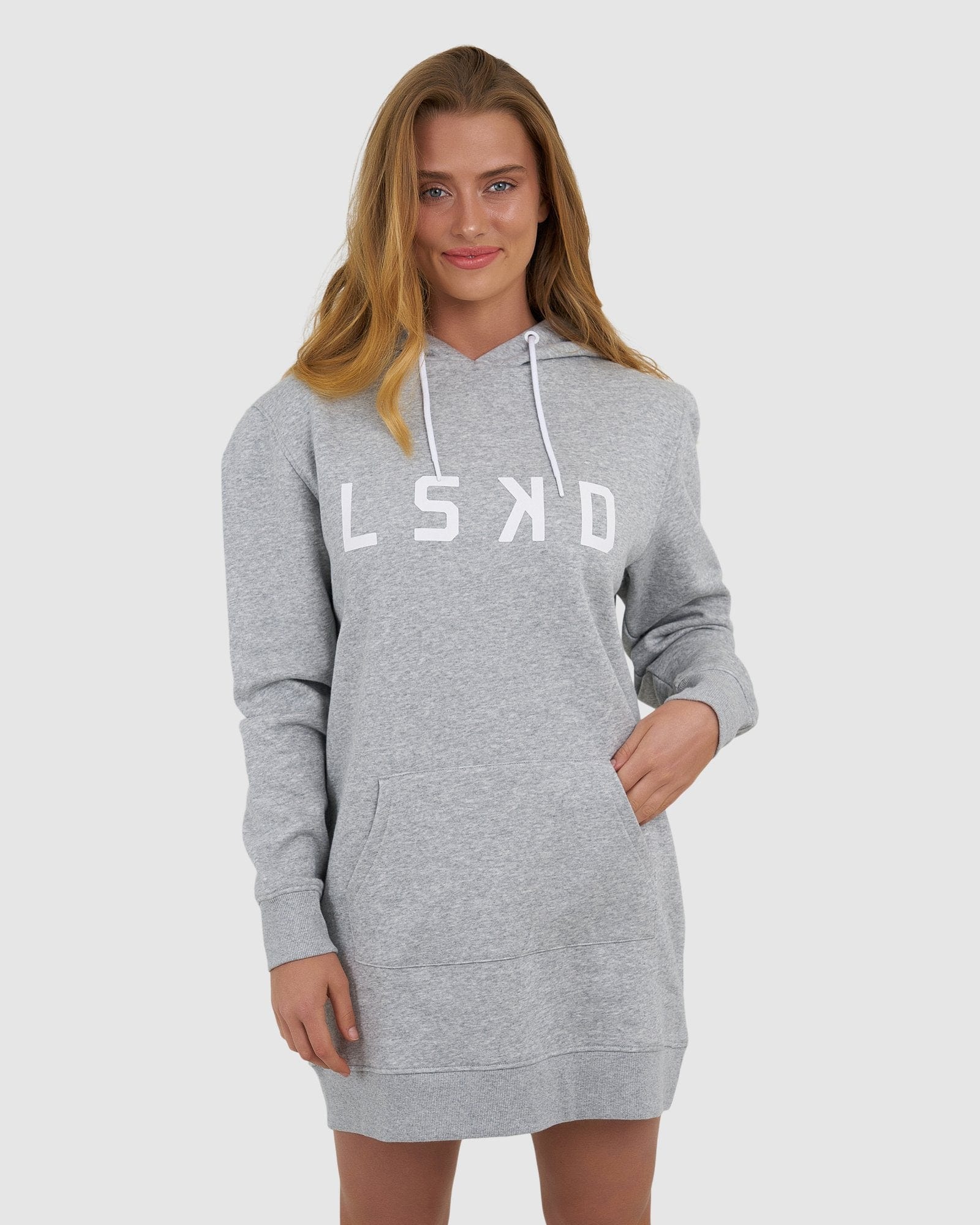 Model wearing Impression Pullover Dress - Lt Grey Marl