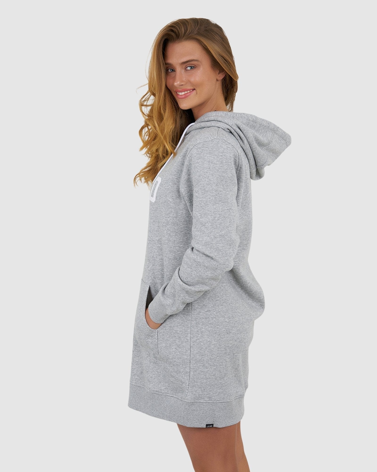 Model wearing Impression Pullover Dress - Lt Grey Marl