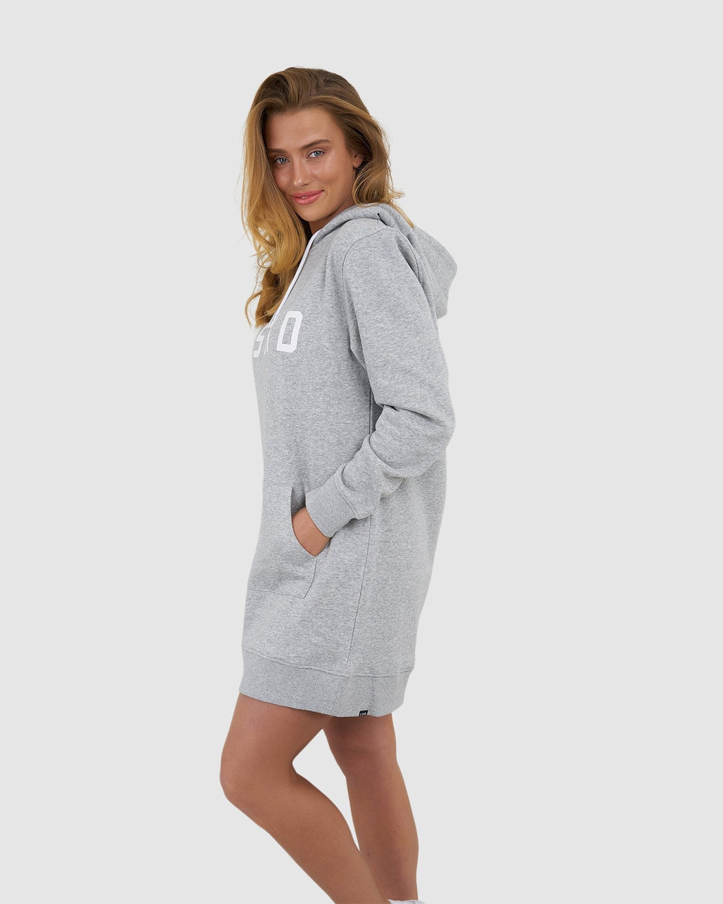 Model wearing Impression Pullover Dress - Lt Grey Marl