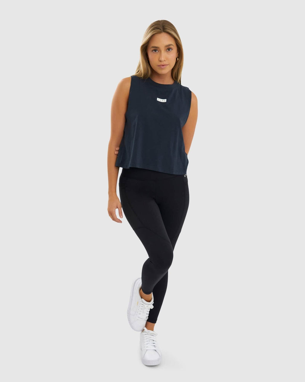 Model wearing Crossover Tank - Carbon