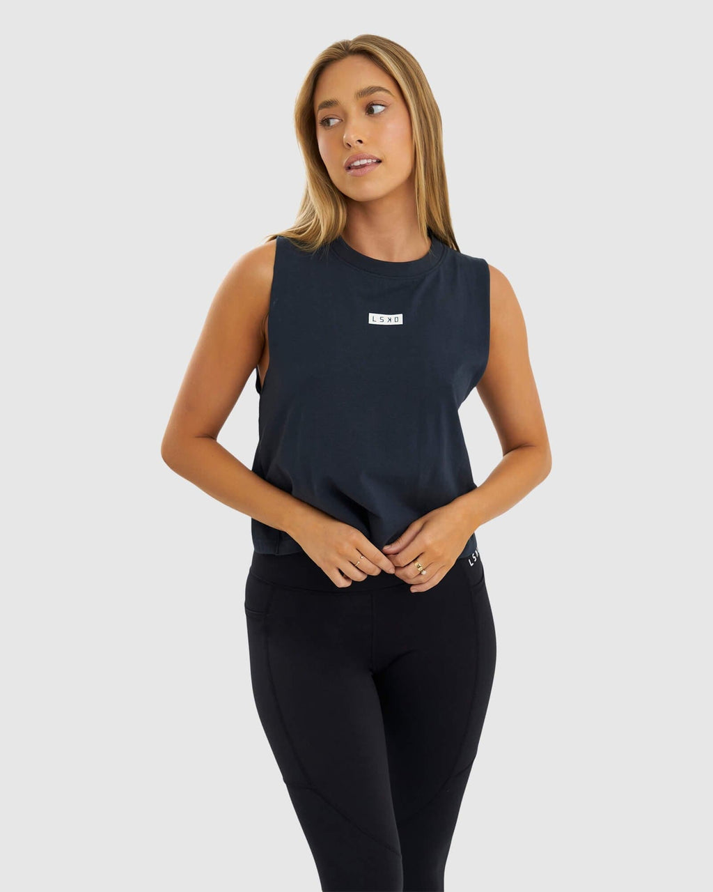 Model wearing Crossover Tank - Carbon