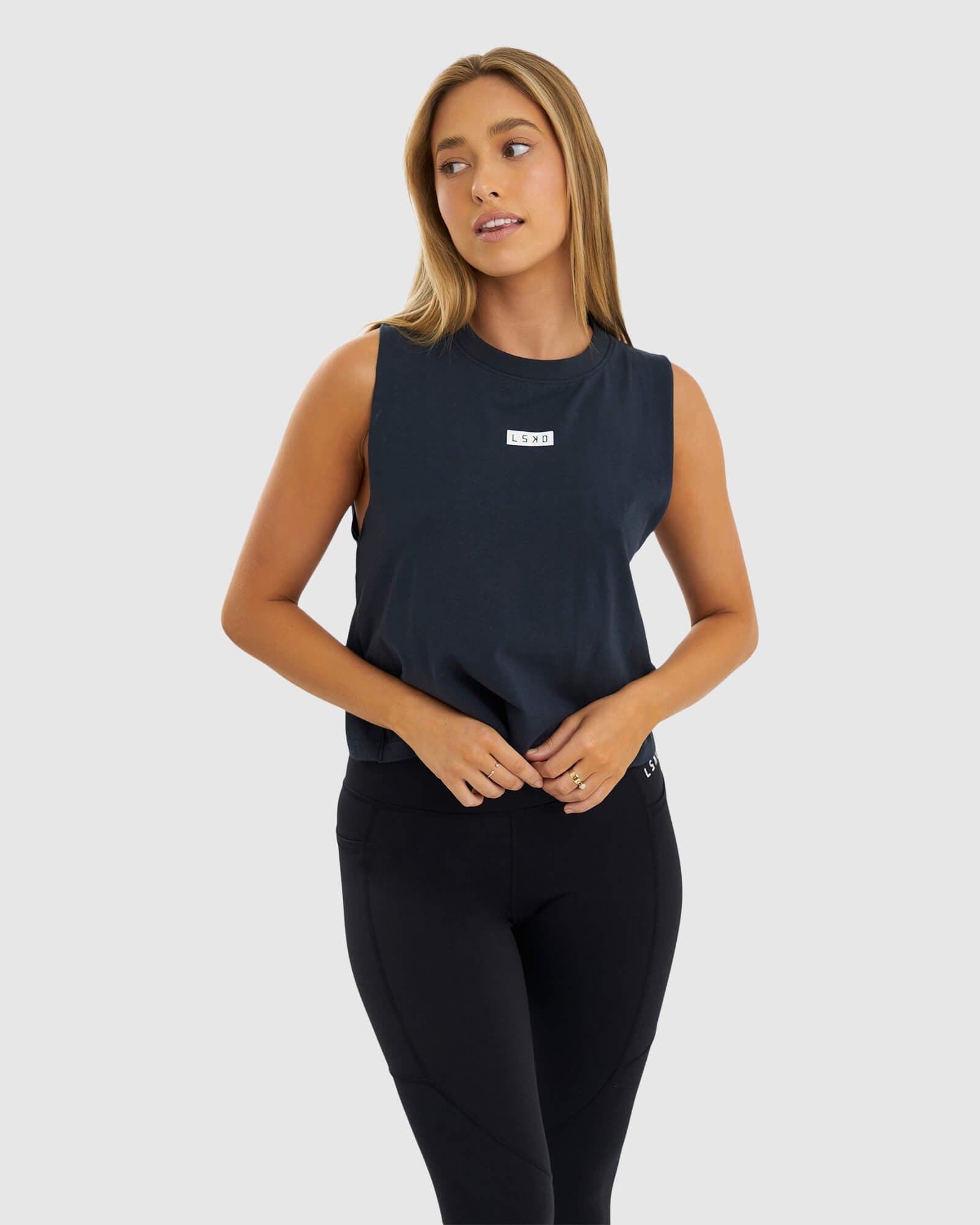 Model wearing Crossover Tank - Carbon