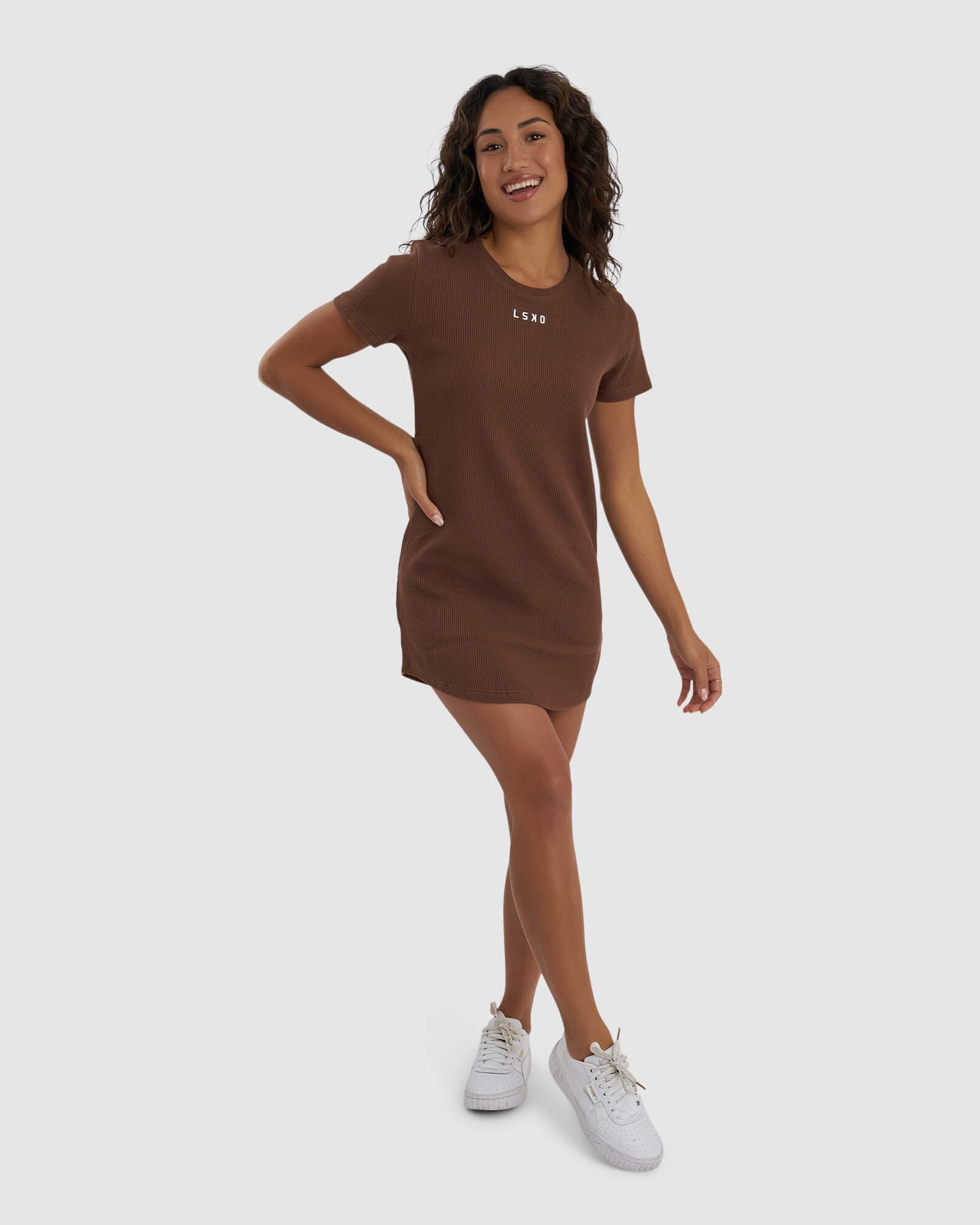 Model wearing Field Waffle Dress - Hazelnut