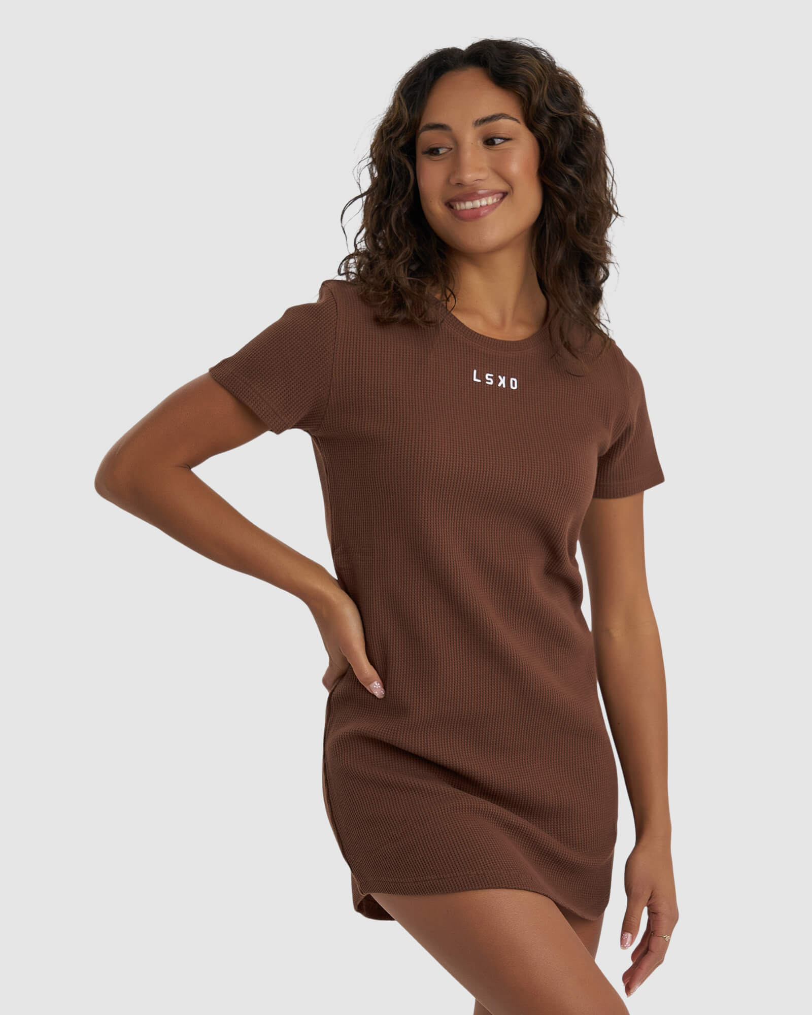 Model wearing Field Waffle Dress - Hazelnut