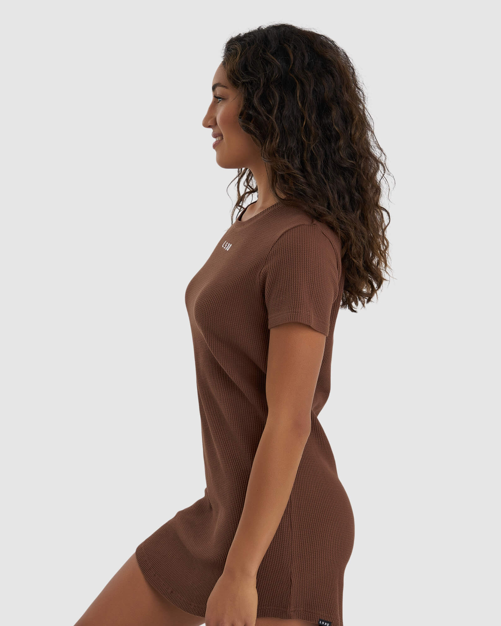 Model wearing Field Waffle Dress - Hazelnut