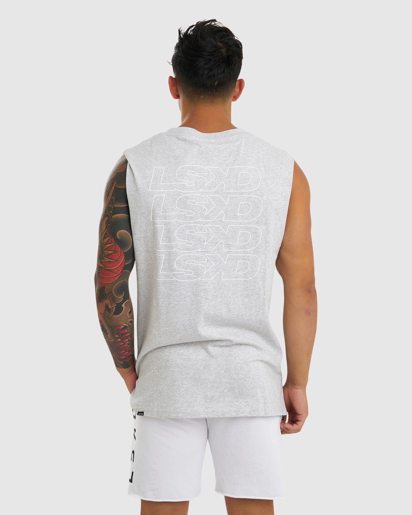 Model wearing Attack Tank - Lt Grey Marl