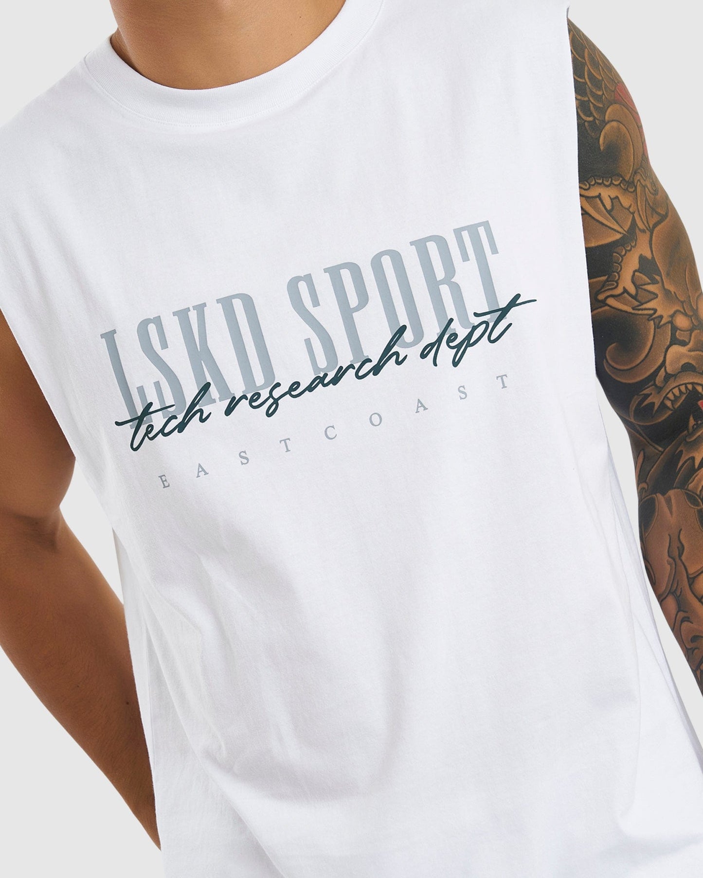 Model wearing Faculty Tank Vintage Fit - White